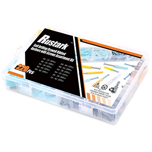 Rustark 220Pcs [11 Sizes] Plastic Self Drilling Drywall Ribbed Anchors Hollow Drywall Anchors