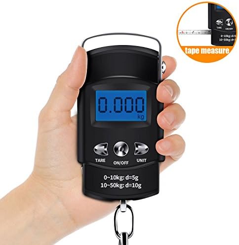 Fishing Scale 110lb/50kg Backlit LCD Display Hanging Hook Scale with Measuring Tape 1M/3Ft for Fishing / Postal / Kitchen / Luggage / shopping（Black）