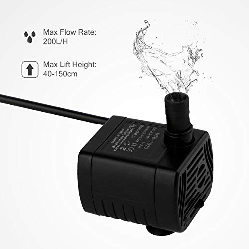 Useekoo Submersible Water Pump, 200L/H Small Water Pump for Fountain Aquarium Fish Pond Garden Hydroponic Brushless with 4.9ft USB Power Cord DC 3.5-9V 1-3W