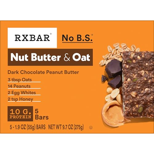 RXBAR NUT BUTTER AND OAT PROTEIN BARS, PROTEIN SNACKS, SNACK BARS, DARK CHOCOLATE PEANUT BUTTER, 9.7OZ BOX (5 COUNT)