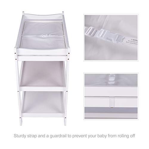 Bable Baby Changing Table with Two Open Shelves for Storage- Modern Diaper Changing Station with Pad to Protect Mom's Waist, Wooden White Changing Table Has Sturdy Straps Guardrail, Safe to Dress Baby
