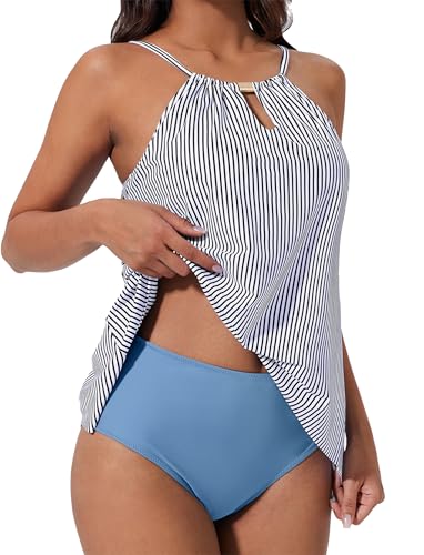 SUUKSESS Women Ruffle High Neck Tankini Swimsuit Flowy Backless Tummy Control Two Piece Bathing Suit 2026(Blue Striped,S) at Amazon