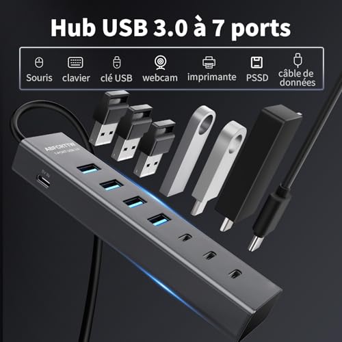 7 Port USB 3.0 Hub, Aluminium Hub with 120 cm Cable for Desktop, USB Multiport Adapter with 4 USB-A & 3 USB-C, 5V 3A Type-C for PC, Laptop, MacBook, MacBook, Mouse, Keyboard, U Disk etc