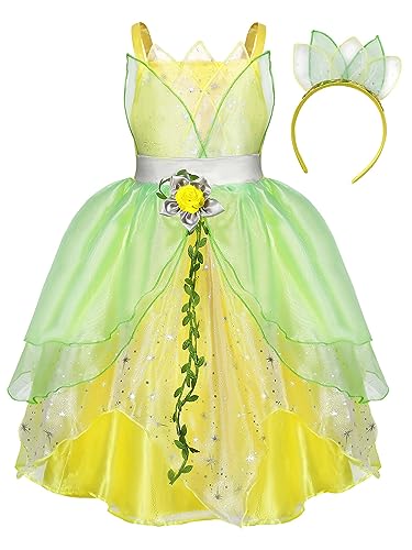 WonderBabe Green Fairy Frog Princess Costume for Girls Princess Fancy Dress Up Halloween Costume Party Outfit for Kids with headband