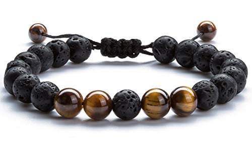 Hamoery Men Women 8mm Lava Rock Aromatherapy Anxiety Essential Oil Diffuser Bracelet Braided Rope Natural Stone Yoga Beads Bracelet Bangle(Tiger Eye)