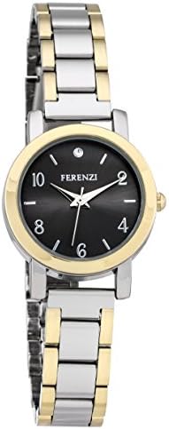 Ferenzi Women's | Silver Gold Watch with Crystal Accent Black Dial and Stainless Steel Band | FZ15003
