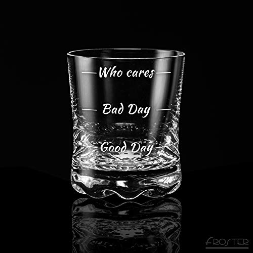 Froster Whiskyglas Who Cares, Stimmungglas, guter Tag schlechter Tag Glas, lustiges Geschenk für Männer, 300 ml – Bild 3