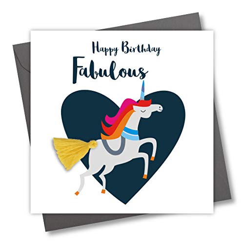 Claire Giles Greeting Cards, Happy Birthday Card, Fabulous You Unicorn Design, Embellished with a Colourful Tassel