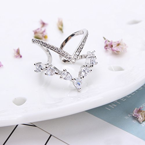 Silver Cubic Zirconia Ring CZ V Ring Open Adjustable Heart Princess Ring for Women