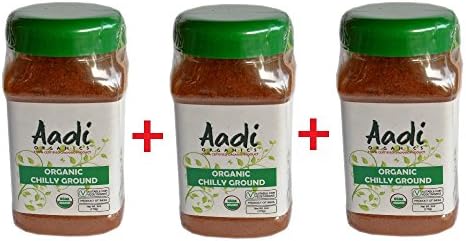 Aadi Organics 3-PACK - USDA Certified Organic Indian Chili Powder - 18oz / 510g Wide Mouthed Bottle - Cooking, Kitchen Use, Flavoring Herbs and Spices - Stays Fresh