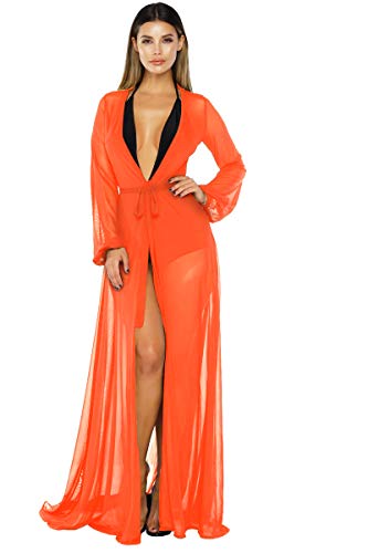 Sovoyontee Women's Neon Orange Mesh Kimono Long Sleeve Import It All