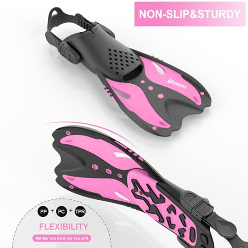 EMSINA Mask Fin Snorkel Set with Adult Snorkeling Gear, Panoramic View Diving Mask, Trek Fin, Dry Top Snorkel +Travel Bags, Snorkel for Lap Swimming