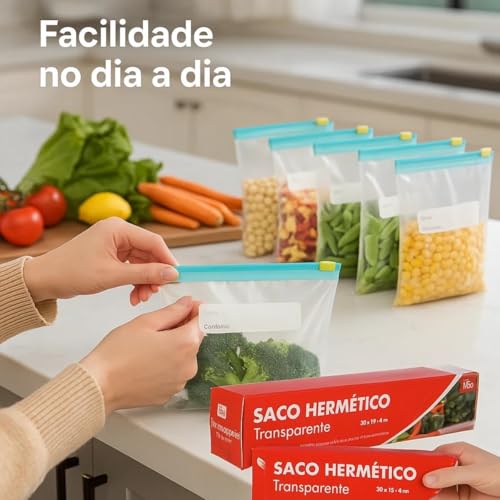 Saco Hermético 20 Unidades Tamanho 20cm x 10cm - Saco Para Congelar Premium, Armazenar e Organizar Alimentos no Freezer e Geladeira com Zip Duplo Reforçado, Reutilizável e Livre de BPA | Livre de BPA, Reutilizável, Vedação Hermética, Anti Vazamento, Zip Reforçado