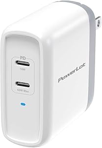 USB C Charger PowerLot Dual Port GaN PD 3.0 Fast Wall Charger with a 60W USB C Port Compatible with MacBook Pro/Air,iPad Pro,iPhone 11/Pro/Max, Galaxy S10 S9,Note 10/9, USB C Laptops and More