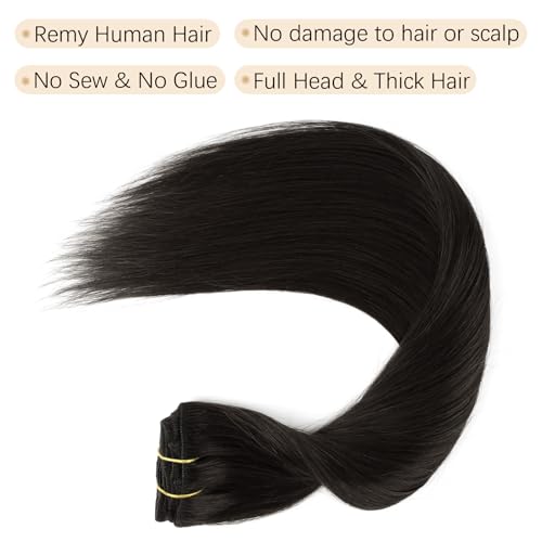 ABH AMAZINGBEAUTY HAIR Clip in Hair Extensions - Real Human Hair, Black, Invisible, Straight, Double-side Skin Wefts, Off Black #1B, 8Pcs With 18 Clips, 120G, 20 Inch