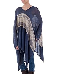 NOVICA Azul Marino Mezcla de Algodón tela de rayas Poncho, 'Inca'