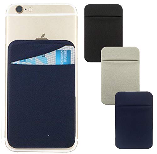 Adhesive Phone Pocket,Cell Phone Stick On Card Wallet,Credit Cards/ID Card Holder(Double Secure) with 3M Sticker for Back of iPhone,Android and All Smartphones-3 Pack-Black,Dark Blue,Grey
