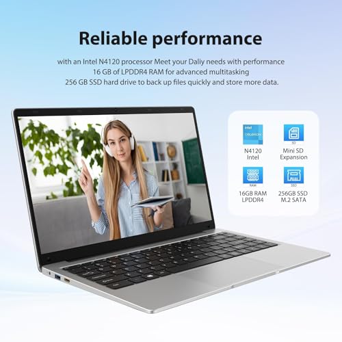 14 Inch Laptop 16GB RAM 256GB SSD TF Expansion Celeron N4120 Up to 2.6Ghz 5G/2.4GHz WiFi 1920 x 1080 IPS FHD/BT/USB 3.0/DHMI, Win 11 Mini Laptop with Mouse
