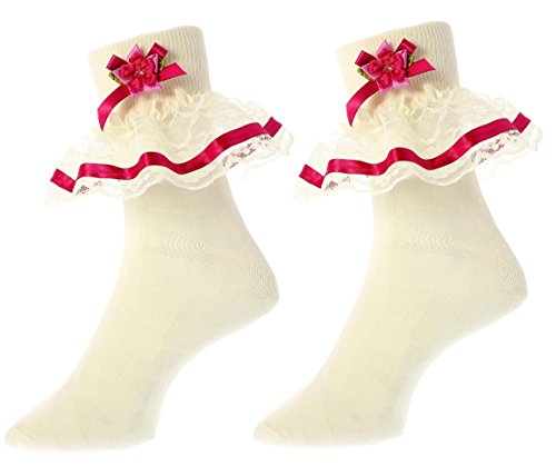 2 Pair Corrine Ivory Lace Nylon Bobby Socks for Girls