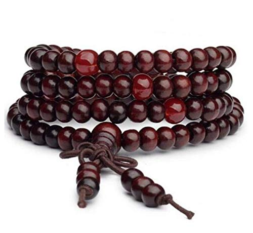 Origin Siam Handmade Beaded Mala Wrap Bracelet | Tibetan 108 Prayer Mantra Natural Wood Beads | Elasticated Necklace Wristband | Luck, Love, Mediation, Protection | Men Women Unisex (Red Wood)