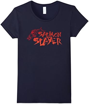 Womens Salmon Slayer Fishing Funny T-Shirt Small Navy