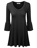 Doublju Deep V-Neck Loose Fit Bell Sleeve Flared Tunic Dress With Plus size (Made In USA) BLACK 3XL