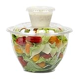 [50 + 60 Pack] 48 OZ BPA Free Clear Plastic Bowl With Dome Lids 4 OZ Dressing Sauce Cup Combo for Salads Fruits Parfaits, Disposable, Large Size