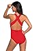 Shawhuwa Womens Sexy Retro V Neck Strappy One Piece Swimsuit Bathing Suit S Red