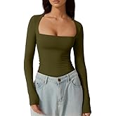 QINSEN Women's Sexy Square Neck Shirt Long Sleeve Double Lined Tees Fitted Going Out Tops