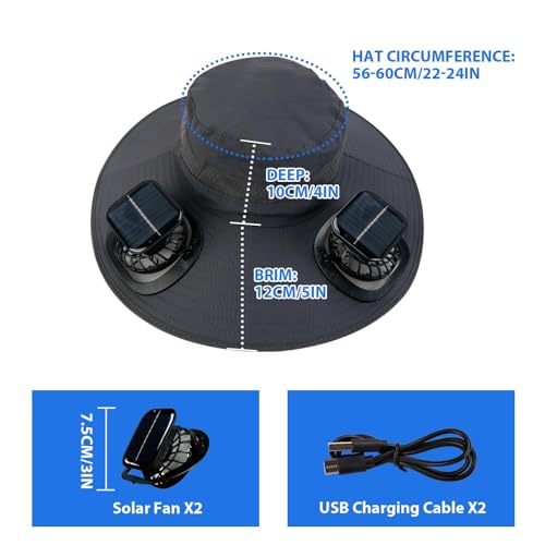 Solar Fan Sun Hat Wide Brim Hat Outdoor Wide Brim Sun Hat with 2 Solar Fan Fishing Hat, Hat UPF 50+, Removable & USB Charging