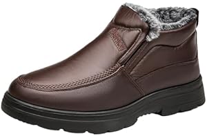 LETCLOCOM Men's Leather Warm Fur Lined Slip On Snow Boots Winter Hand Stitching Low Top Anti-Slip Outdoor Water Resistant Sneakers Boots Lightweight Casual Walking Loafers Shoes