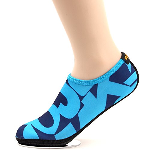 WOWFOOT Barefoot Water Skin Shoes Socks Women Men Flexible Swim Shoe Beach Aqua Surf Pool Yoga Exercise (7-1.M(W:5.5-6.5), Blue(Pattern))