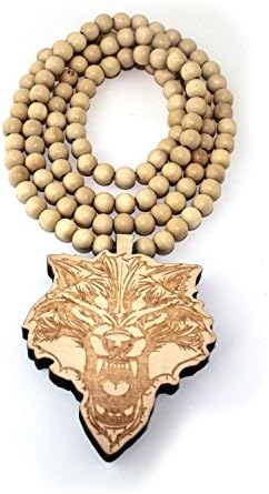 Baoyi Jewelry Wolf Head Pendant Necklace Wood Necklace Wooden Hip-hop Wooden Pendant Piece Wood Bead Chain Good Wood Style for Men (natural wood)