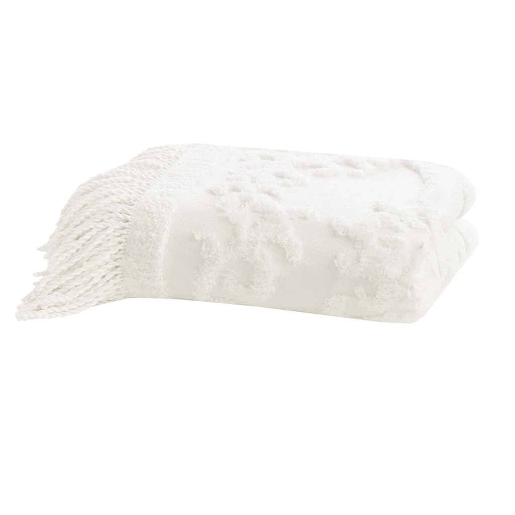 Madison Park 100% Cotton Tufted Chenille Design With Fringe Tassel Luxury Elegant Chic Lightweight, Breathable Cover, Luxe Cottage Room Décor Summer Blanket, 50" x 60", Ivory
