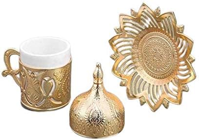 Ahsen Porcelain Gold Color Metal Turkish Coffe Cup Sets (6 Pieces)