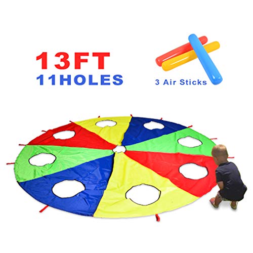 HAPPYMATY Rainbow Umbrella Parachute 13 Foot with 10 Handles for Kids,Play Parachute Outdoor Games(Whack a Mole) Activities Toys with 3 Air Sticks 4M/13FT