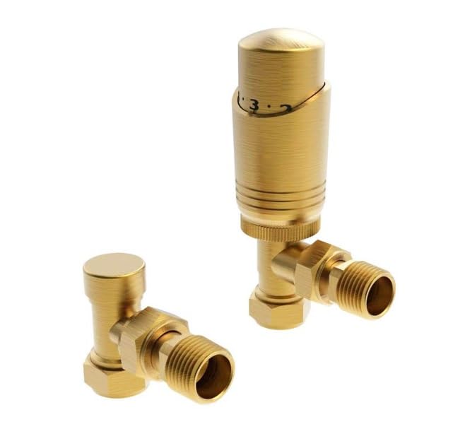 Team Controls Brushed Brass Angled Thermostatic Radiator Valves & Lockshield 15mm Pack Set KT, 15mm x 1/2''