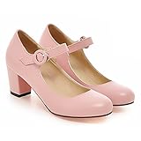 CHFSO Women's Round Toe Ankle Strap Buckle Chunky Heel Low Cut Pumps Shoes