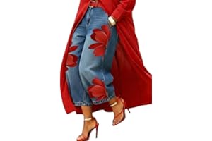 Women's Floral Print High Waist Loose Wide Leg Cropped Faux Denim Jeans with Pockets