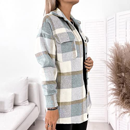 Womens Casual Plaid Shacket Long Sleeve Wool Blend Button