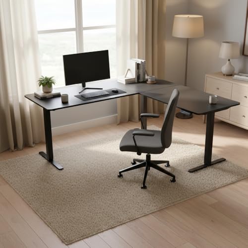 FOH Furniture Escritorio Eléctrico en L Ajustable en Altura 160x140 cm, Esquinero Sit Stand, Estación de Trabajo Ergonómica, Estructura de Acero, para Oficina en Casa, Negro
