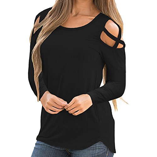 Tsmile Women Blouse Clearance Long Sleeve T-Shirt Strappy Cold Shoulder Solid Tops Tunic (Black, 2XL)