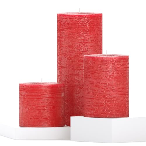 CANDWAX Assorted Pillar Candles Set of 3 - Sizes 7.6/10.2/20.3 cm - Unscented Candles Ideal for Weddings and Home Decor - Red Candles — image 1