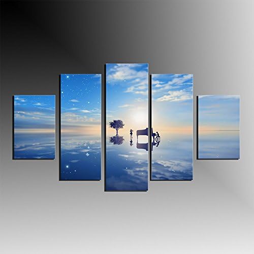 HappyHouseArt 5 Panels Blue Sky Modern Wall Piano Oil Painting Beautiful Landscape Canvas Printed Wall Pictures Painting for Living Room Decortion No Frame