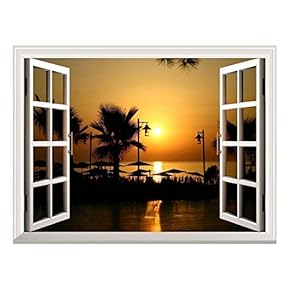 Removable Wall Sticker/Wall Mural - Majestic Tropical Scenery at Sunset | Creative Window View Wall Decor - 24"x32"