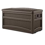 Suncast 73 Gallon Resin Wicker Patio Storage Box with Wheels and Seat - Water Resistant Outdoor Storage Container for Furniture and Yard Tools - Store Items on Deck, Porch, Yard - Mocha