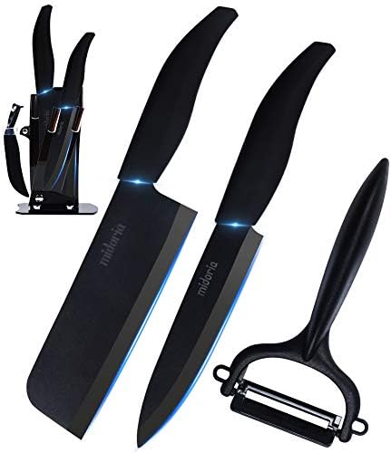 Midoria セラミック包丁セット ナイフ 160mm 135mm 黒刃 2本包丁 １つ皮むき器 １つ包丁立て 超軽量 錆びない 切れ味長持ち セラミック菜切り包丁 フルーツナイフ セラミックピーラー キッチン4点セット 果物ナイフ 抗酸化加工 牛刀 両刃 中華包丁 カーブピーラー 万能