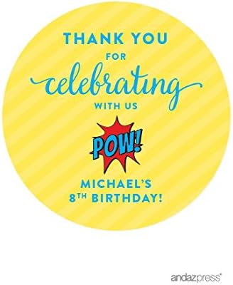 Andaz Press Personalized Birthday Round Circle Labels Stickers, Thank You for Celebrating with Us, Superhero Pow Bam, 40-Pack, for Gifts and Party Favors, Custom Name