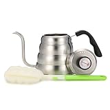 KINGSO 1.2L Pour Over Tea Coffee Kettle 430 Stainless Steel Gooseneck Stovetop Teapot Drip Kettle with Built-in THERMOMETER and Cleaning Sponge Brush for Hand Drip Coffee and Tea