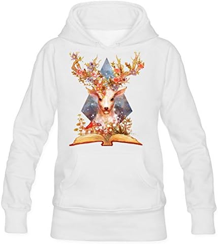 Women's Flower Deer Print Sweatshirt Pullover Hoodie Long Sleeve Sweatshirt Pullover Hoodie L White